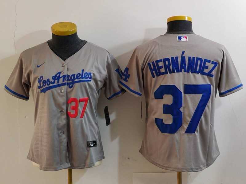 Womens Los Angeles Dodgers #37 Teoscar Hernandez Number Grey With Los Cool Base Stitched Jersey